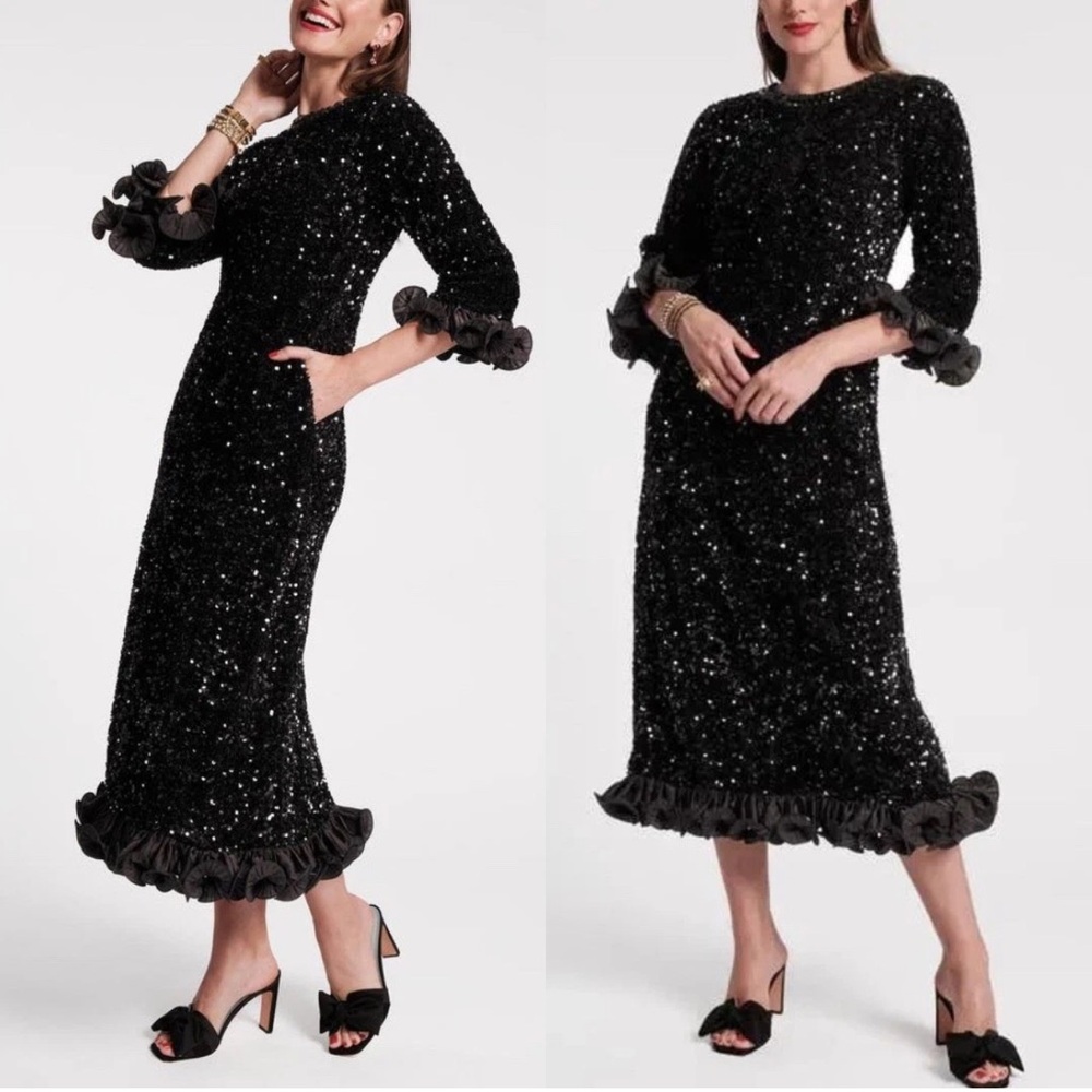 Frances Valentine Plaza Sequin Midi Dress Sz XS Black Ruffle-Hem Occasion NWT